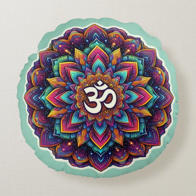 Indian Om Symbol in a beautiful mandala design Round Cushion (Front)
