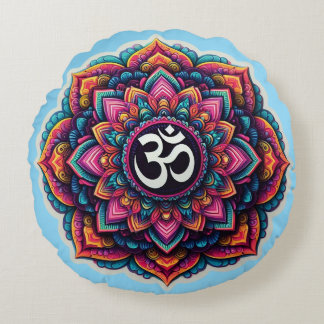 Indian Om Symbol in a colourful mandala design Round Cushion