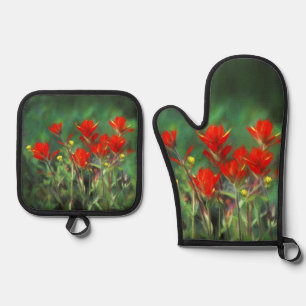 Indian Paintbrush Painting Original Wildflower Art Oven Mitt & Pot Holder Set