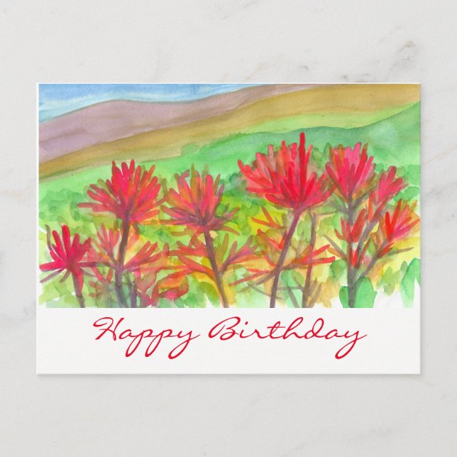 Indian Paintbrush Watercolor Happy Birthday Postcard (Front)