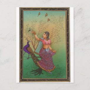INDIAN PAINTING-LADY IN THE PEACOCK GARDEN POSTCARD
