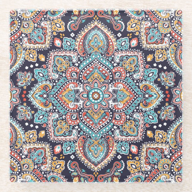 Indian Paisley: Ethnic Mandala Pattern Glass Coaster (Front)
