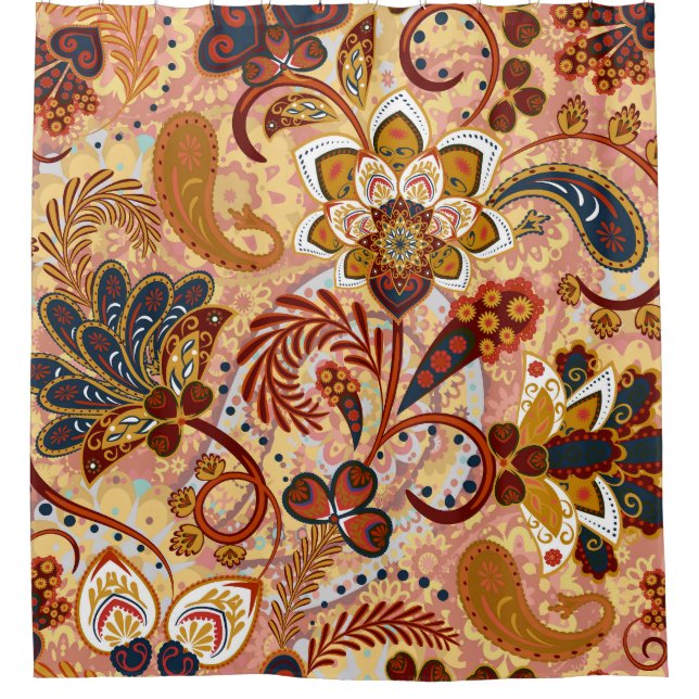 Indian Paisley: Floral Vintage Brown Shower Curtain (Front)