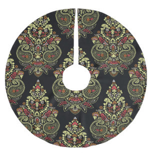 Indian paisley, geometric black background brushed polyester tree skirt