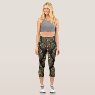 Indian paisley, geometric black background capri leggings