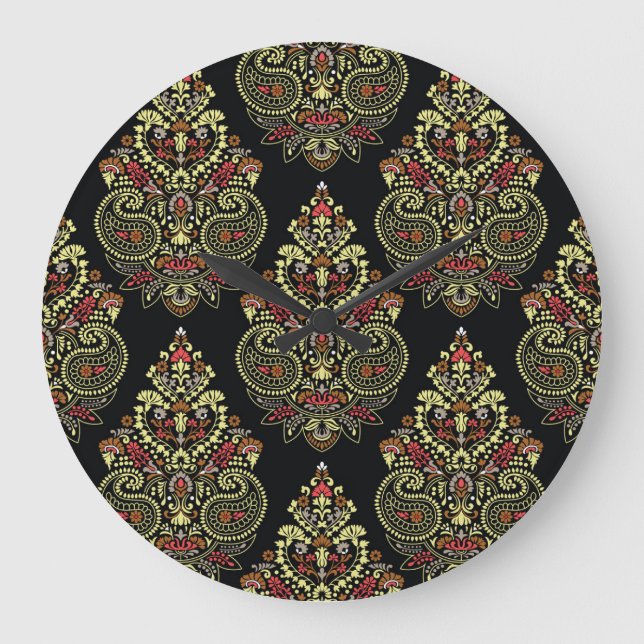 Indian paisley, geometric black background large clock (Front)