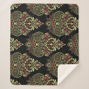 Indian paisley, geometric black background sherpa blanket