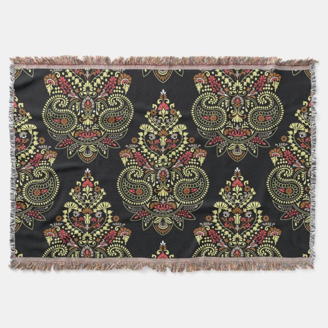 Indian paisley, geometric black background throw blanket (Front)