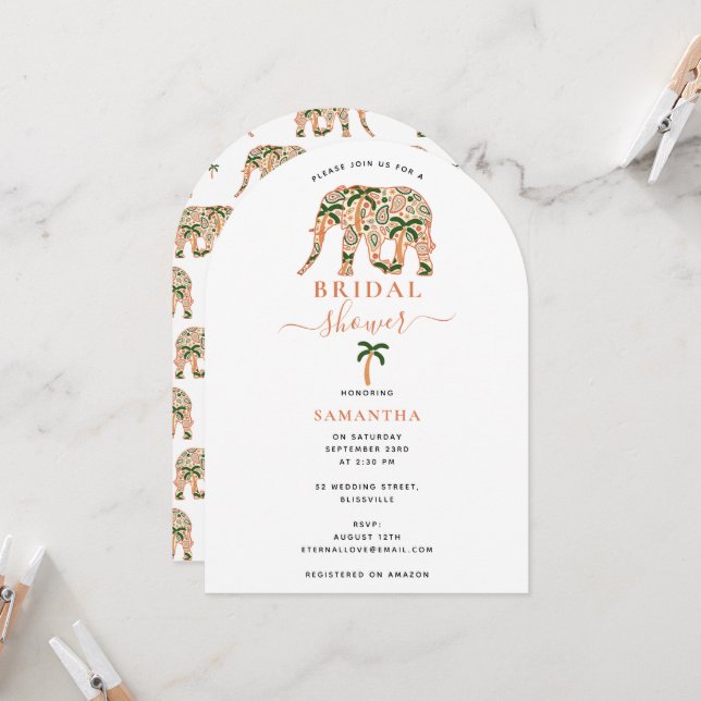 Indian Paisley Ornate Elephants Bridal Shower Invitation (Front/Back In Situ)