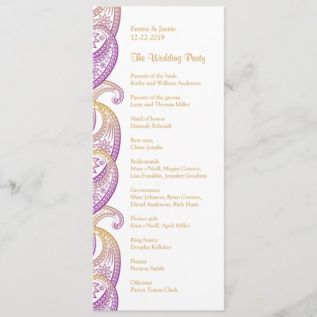 Indian Paisley Purple and Gold Wedding Programme (Front)