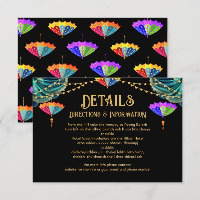 Indian Parasols lights Wedding Details info card (Front/Back)