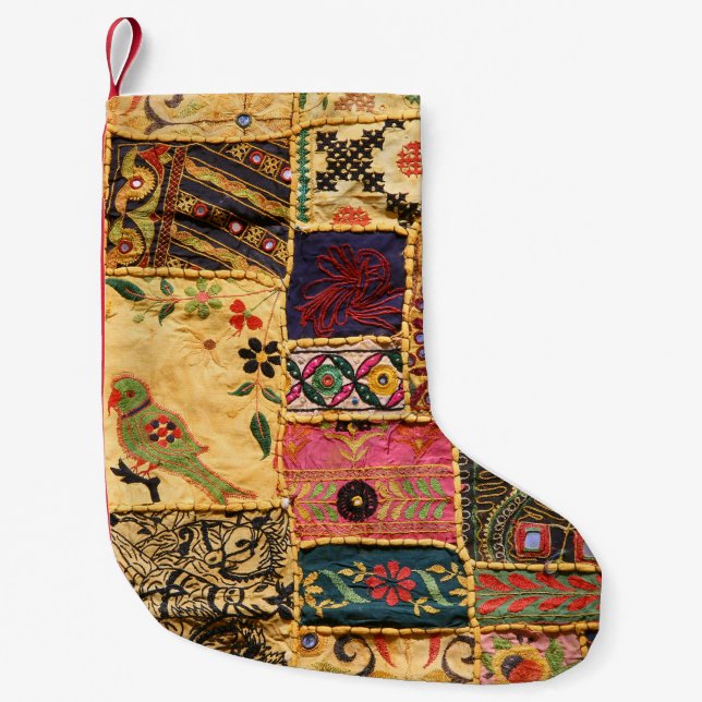 Indian Patchwork: Hampi Market Cloth. Small Christmas Stocking (Front)