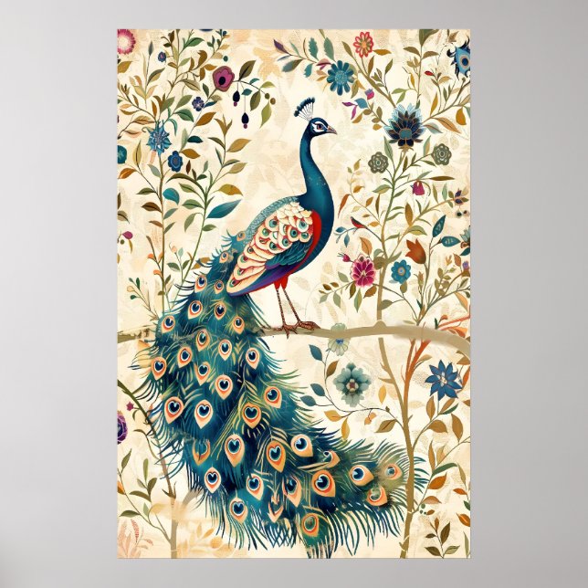 Indian Peacock Art Print Botanical Bird (Front)