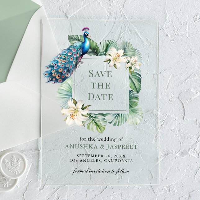 Indian Peacock Floral Wedding Save the Date Acrylic Invitations (Creator Uploaded)