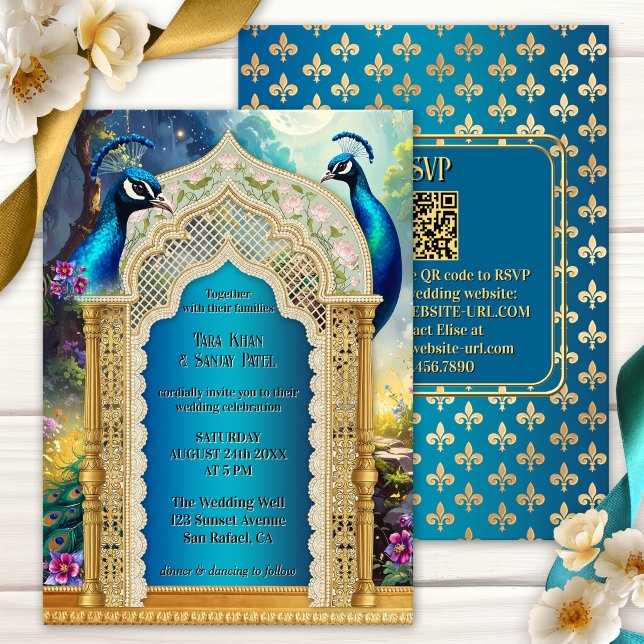 Indian Peacock Gold Arch Wedding Invitation (Indian wedding invitation featuring a magical garden with peacocks on an archway and fleur-de-lis)