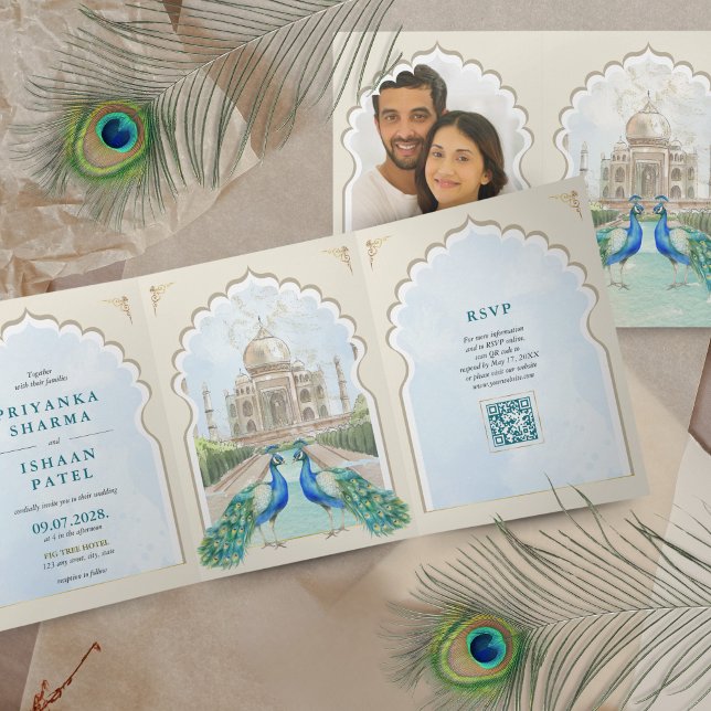 Indian Peacock Taj Mahal Arch QR Wedding Tri-Fold Invitation (Indian Wedding Invitation with Taj Mahal and Peacocks, Aesthetic, Minimalist, Colorful QR code)