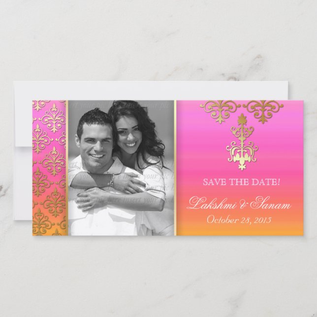 Indian Photo Card Save the Date Damask Pink Orange (Front)