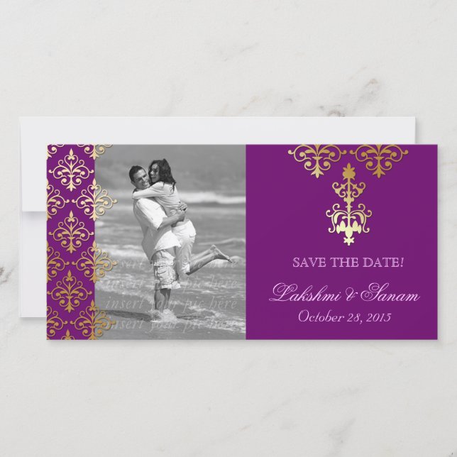 Indian Photo Card Save the Date Damask Purple Gold (Front)