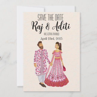 Indian Pink Wedding Illustrated Couple Save The Date