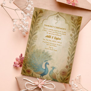 Indian Pre-Wedding Sangeet Ceremony Peacock Floral Invitation