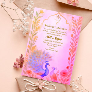 Indian Pre-Wedding Sangeet Ceremony Peacock Floral Invitation