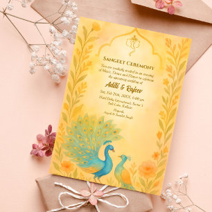 Indian Pre-Wedding Sangeet Ceremony Peacock Floral Invitation