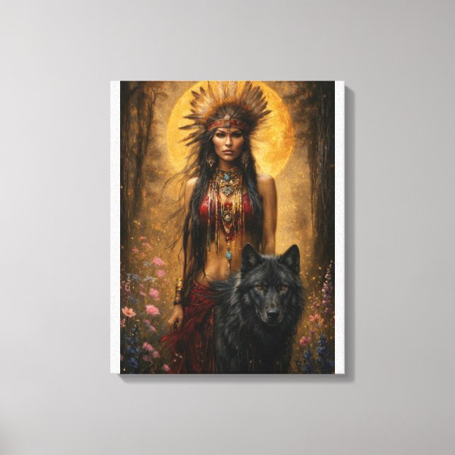 Indian Princess walking with her wolf guardian Canvas Print (Front)