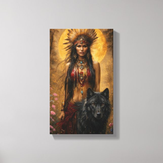 Indian Princess walking with her wolf guardian Canvas Print (Front)
