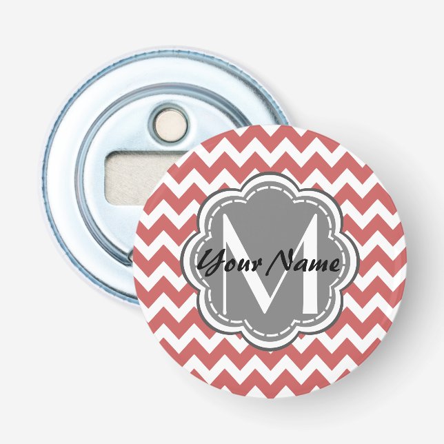 Indian Red Chevron Floral Grey Monogram Bottle Opener (Front)