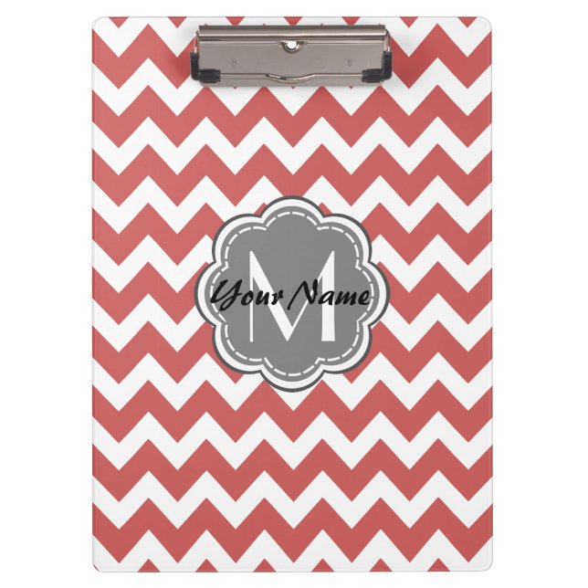Indian Red Chevron Floral Grey Monogram Clipboard (Front)