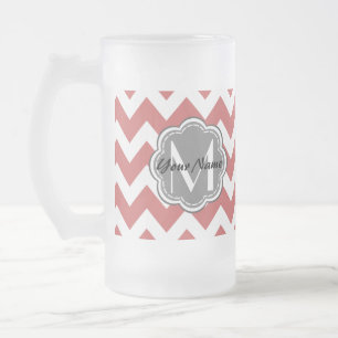 Indian Red Chevron Floral Grey Monogram Frosted Glass Beer Mug