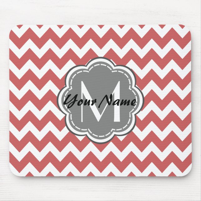 Indian Red Chevron Floral Grey Monogram Mouse Mat (Front)