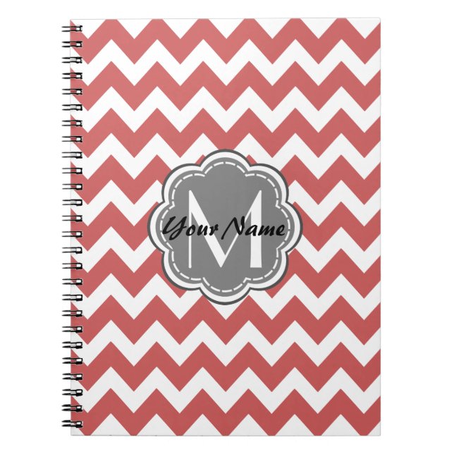 Indian Red Chevron Floral Grey Monogram Notebook (Front)