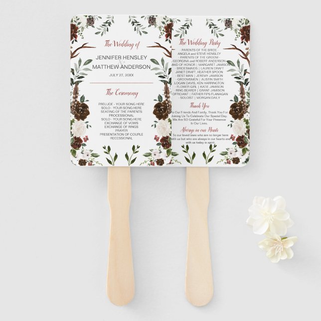 Indian Red Forest Green Boho Rustic Antlers Hand Fan (Front and Back)