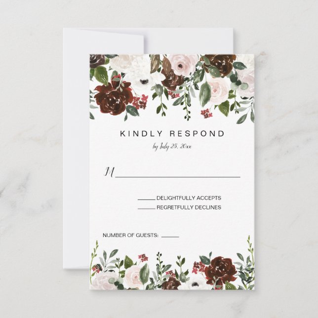 Indian Red, Ivory, Forest Green Floral Vertical RSVP Card (Front)