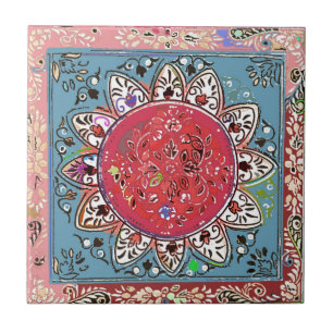 Indian Red Sunflower Style Red Floral Tile