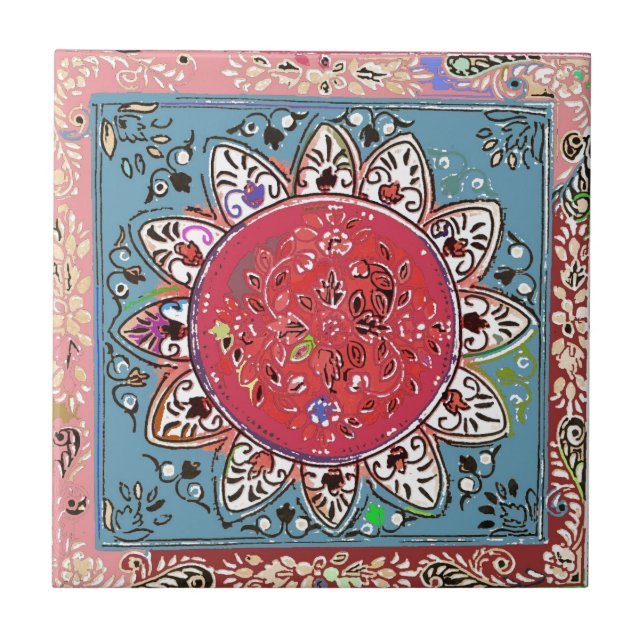 Indian Red Sunflower Style Red Floral Tile (Front)