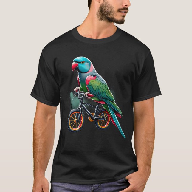 Indian Ringneck Parrot Bird Riding Bike Biker T-Shirt (Front)
