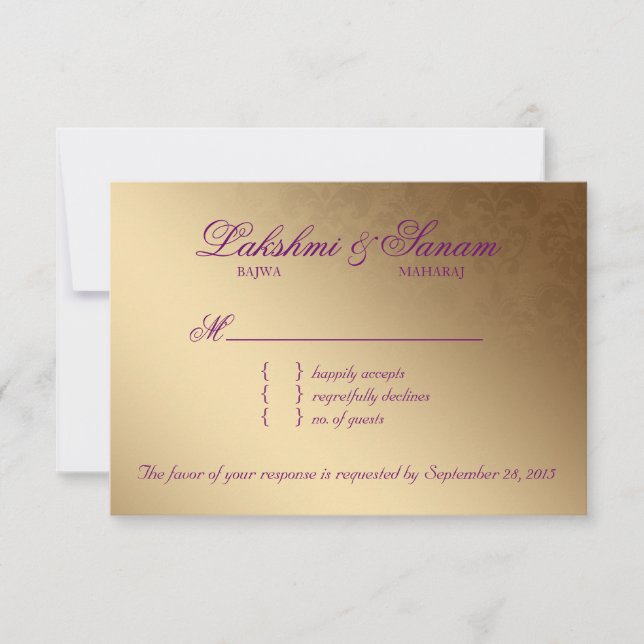 Indian RSVP Wedding Reply Card Damask Purple Gold (Front)