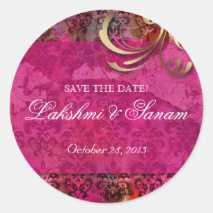 Indian Save Date Wedding Stickers Pink Gold Round