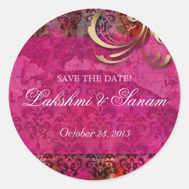 Indian Save Date Wedding Stickers Pink Gold Round (Front)