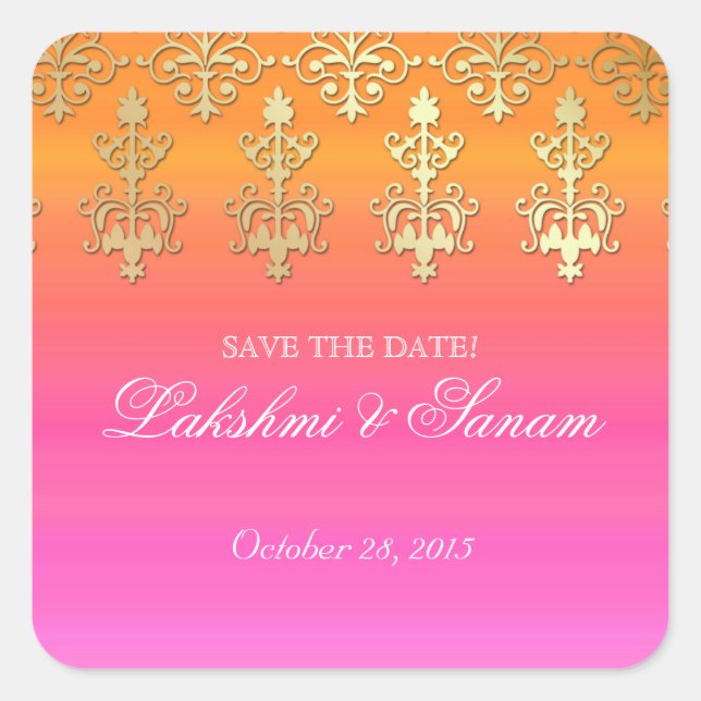 Indian Save Date Wedding Stickers Pink Orange Gold (Front)