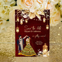 Indian Save the Date maroon gold dancing couple