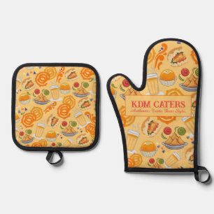 Indian Street Food Pattern Colourful Festive Chai Oven Mitt & Pot Holder Set