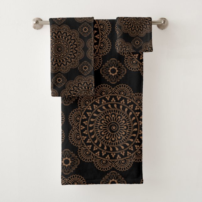 Indian Style Abstract Geometric Black and Brown  Bath Towel Set (Insitu)