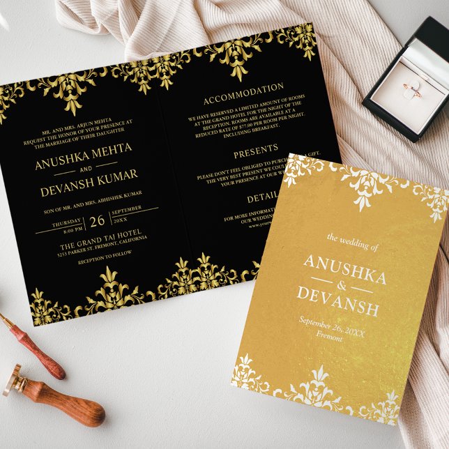 Indian Style Black Gold Damask Wedding Invitation (Creator Uploaded)
