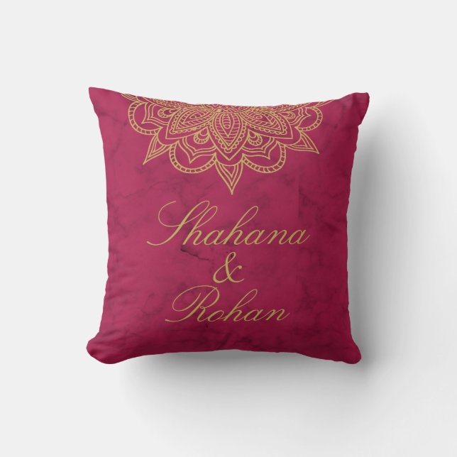 Indian Style Burgundy Marble Gold Colour Wedding Cushion (Front)