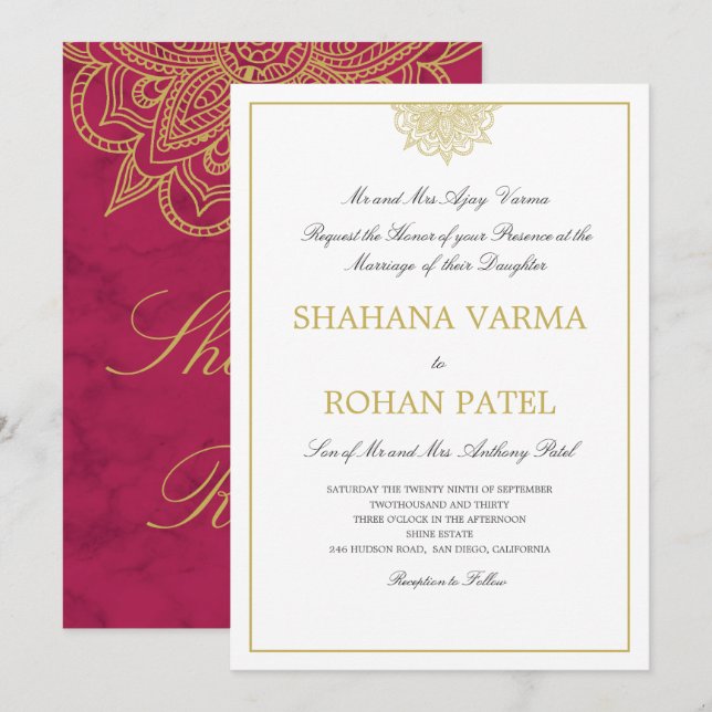 Indian Style Burgundy Marble Gold Colour Wedding Invitation (Front/Back)