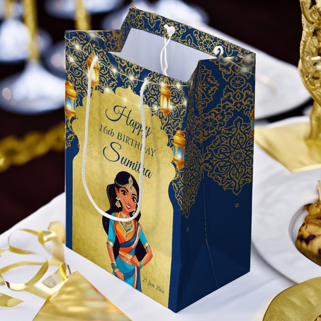 Indian style girls birthday party thank you favour medium gift bag (Indian style girls birthday party thank you favor gift bag personalized printed gift bag blue gold)