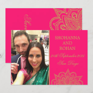 Indian Style Gold Pink Photo Wedding Save The Date Announcement